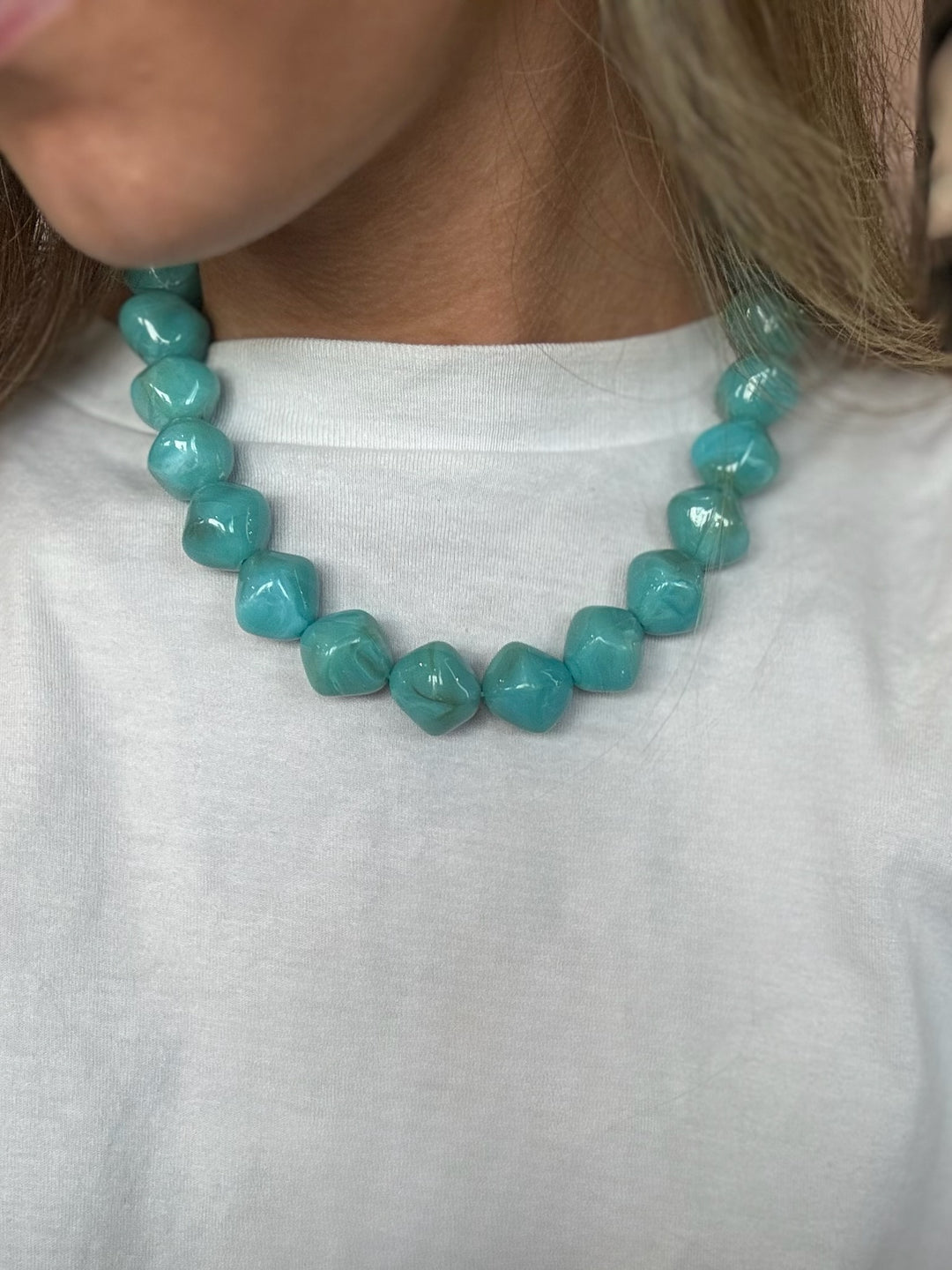 Turquoise Marbled Cube Beaded Necklace