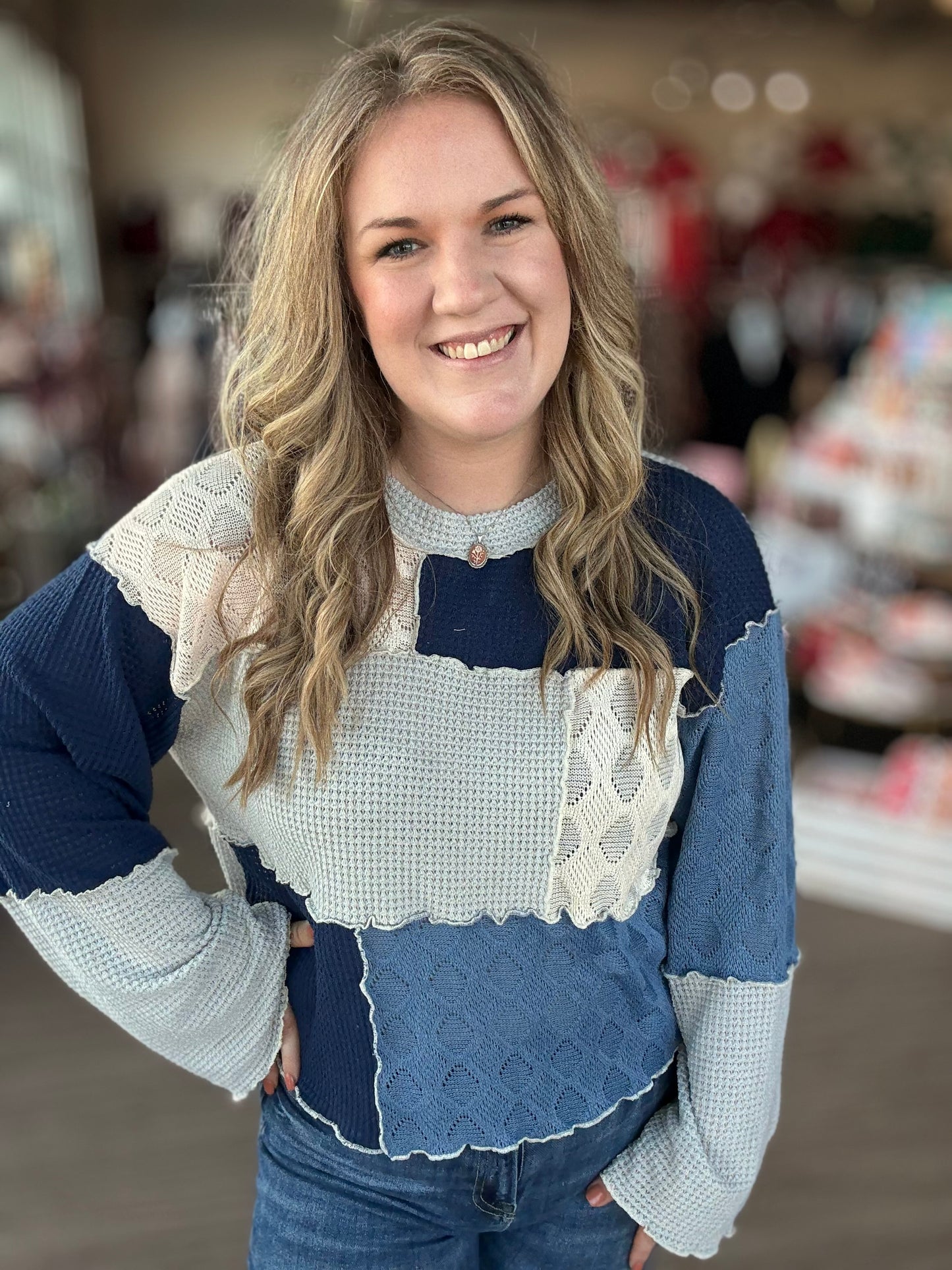 Blue Patchwork Color Block Top