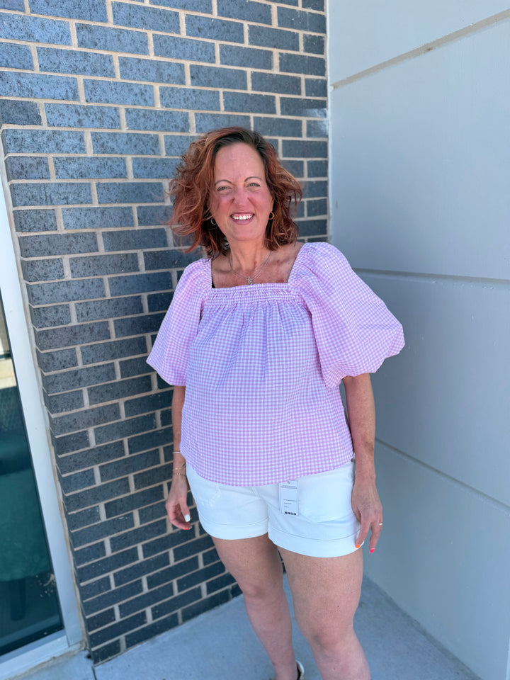 Pink Gingham Bubble Sleeve Blouse