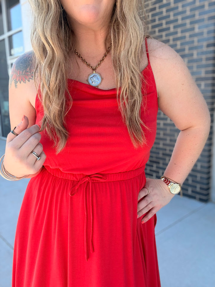 Red Cowl Neck Midi Dress