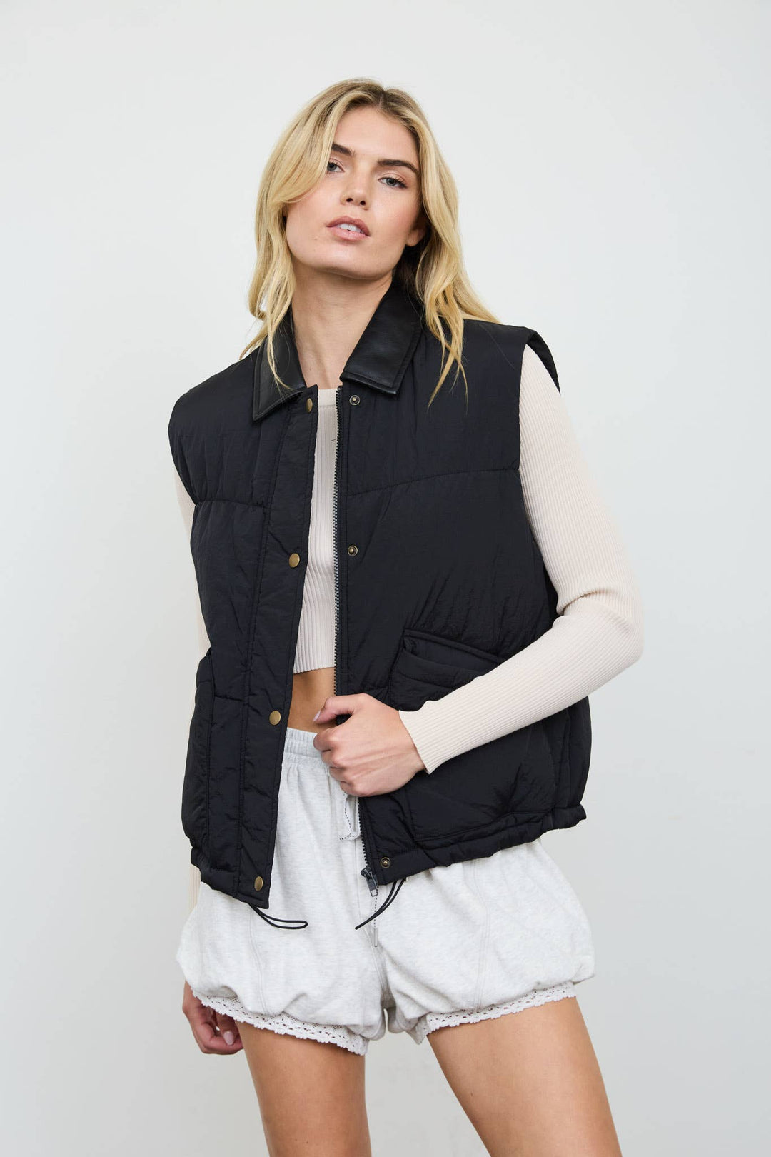 COLLARED SNAP-FRONT PUFFER VEST (PRE-ORDER): BLACK