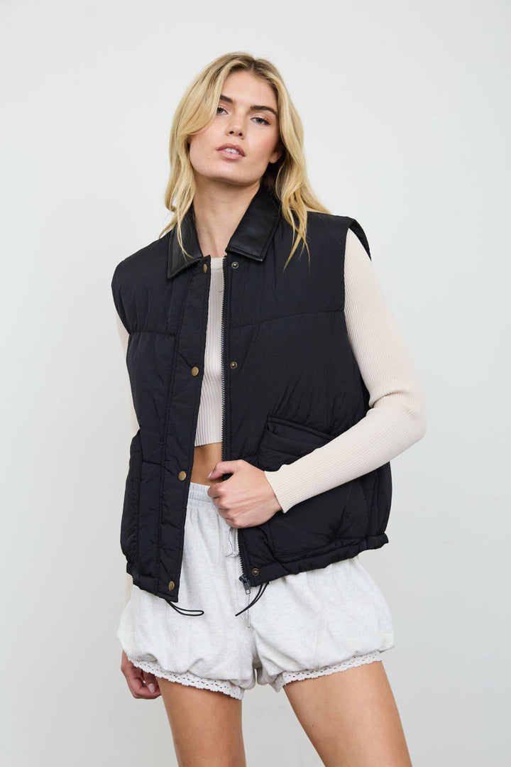 COLLARED SNAP-FRONT PUFFER VEST (PRE-ORDER): BLACK