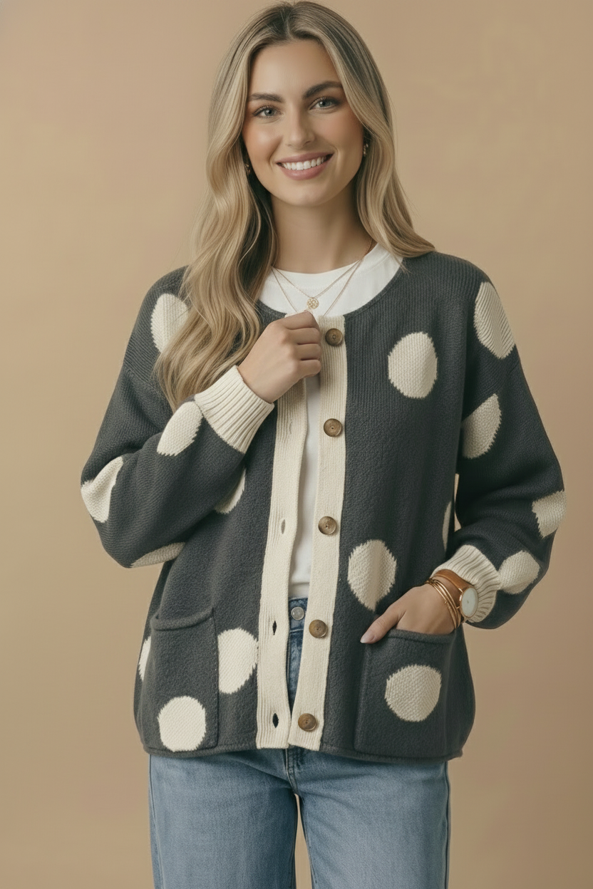 Button Down Polka Dot Jacquard Cardigan: BRUNETTE / L
