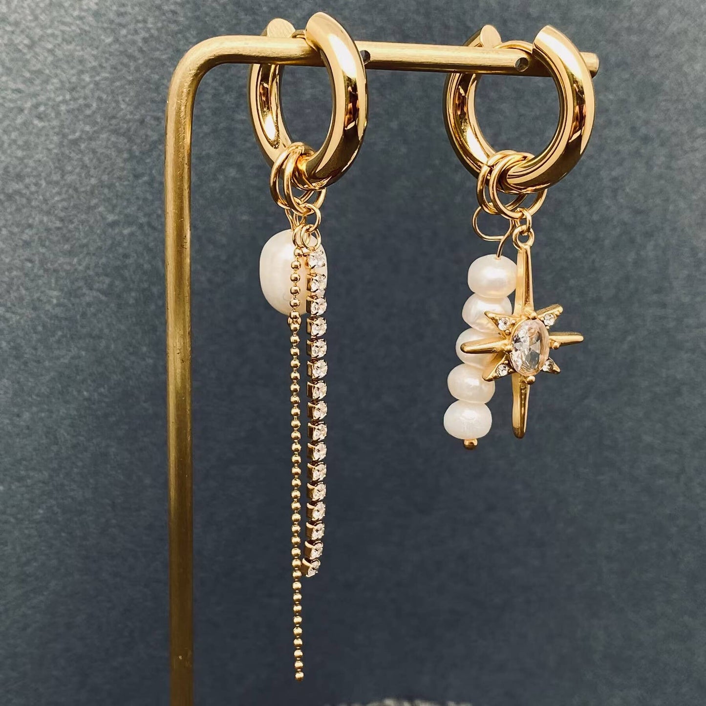 Pearl Zircon Star Charm 18 Gold Plated Earrings