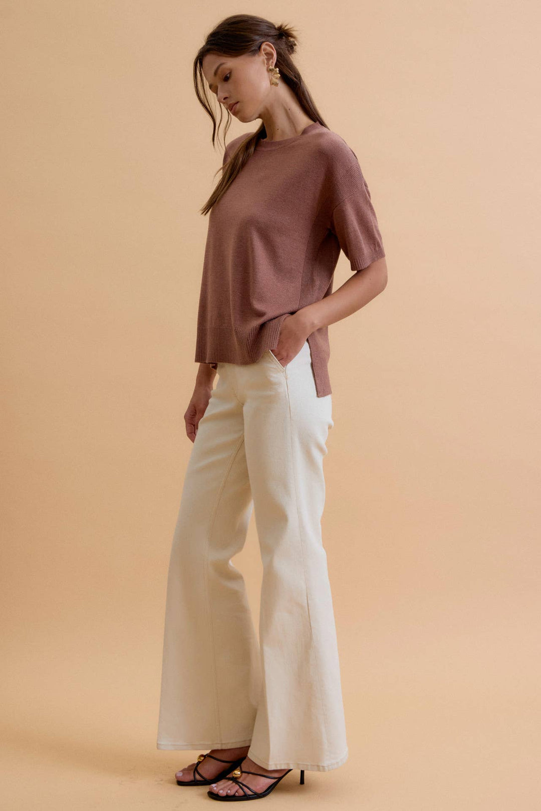WOOL BLENED BOXY FIT SHORT SLEEVE SWEATER TOP : OATMEAL / L