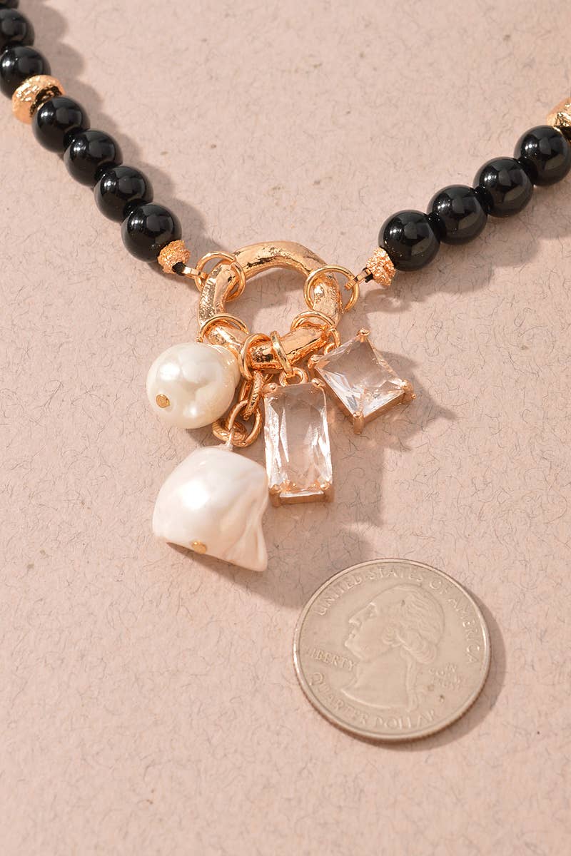 Black Beaded Pearl &amp; Crystal Charm Necklace