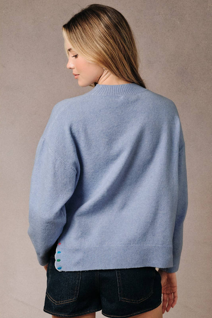 Mock Neck Long Sleeve Peace &amp; Joy Novelty Knit Sweater: Blue / L