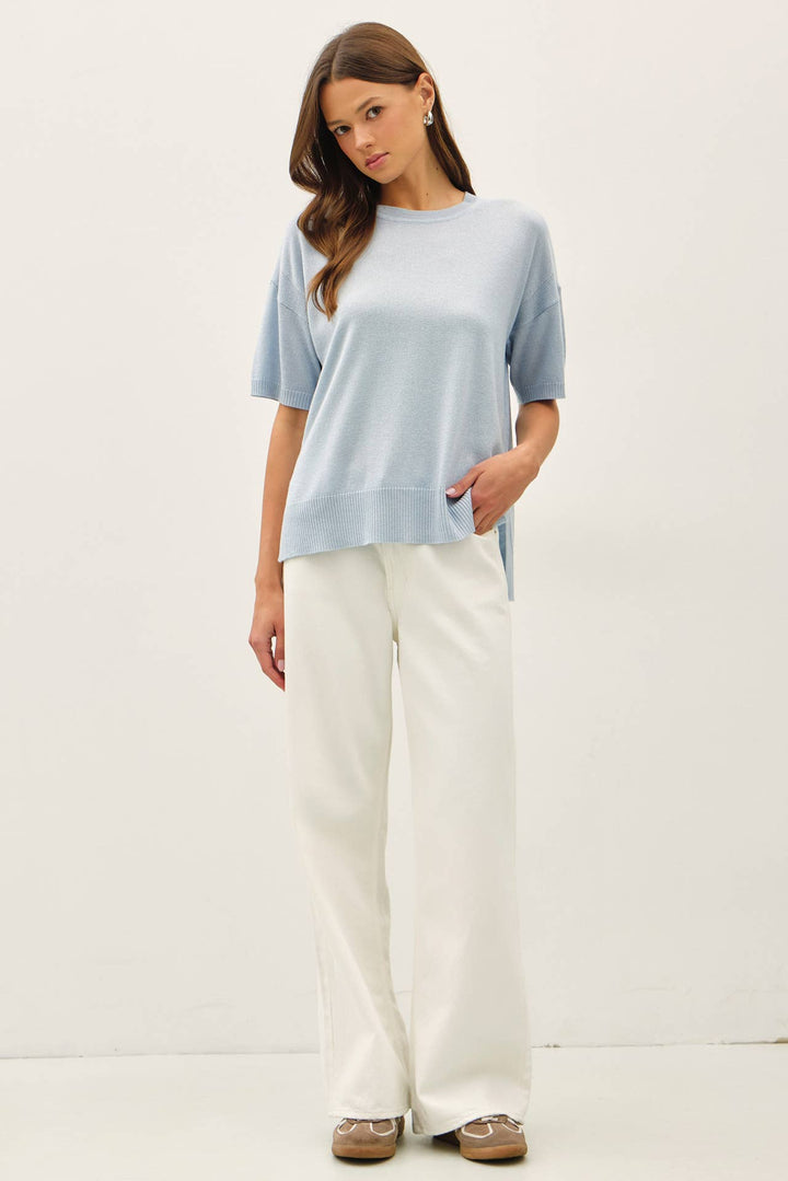 WOOL BLENED BOXY FIT SHORT SLEEVE SWEATER TOP : OATMEAL / L