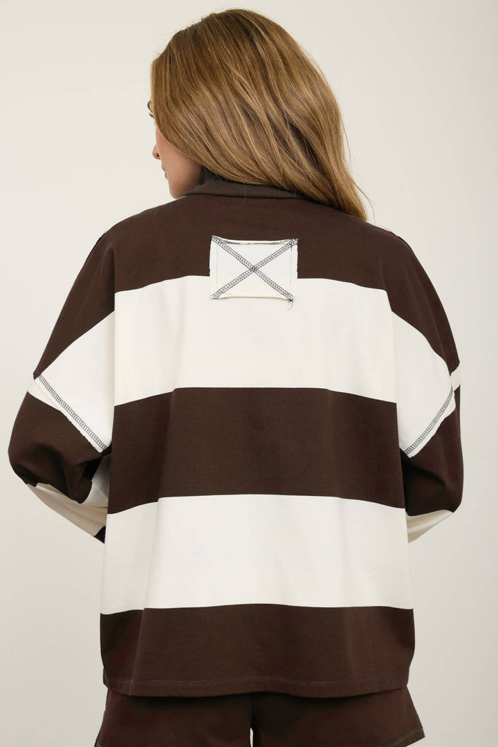 WIDE STRIPE HALF ZIP LONG SLEEVE KNIT TOP: HUNTER GREEN