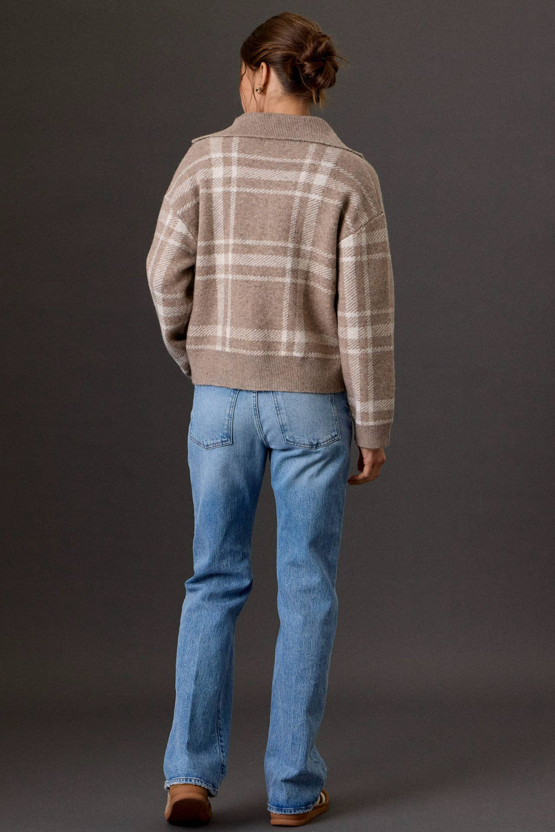 PLAID CHECK HIGH NECK COLLAR SWEATER JACKET: OLIVE / S