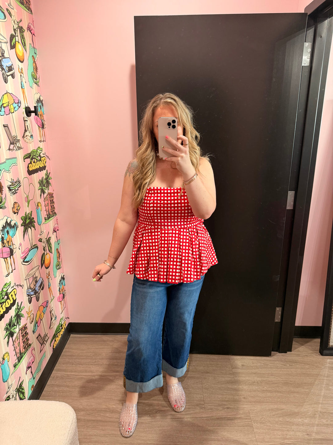 Red Checkered Strapless Blouse