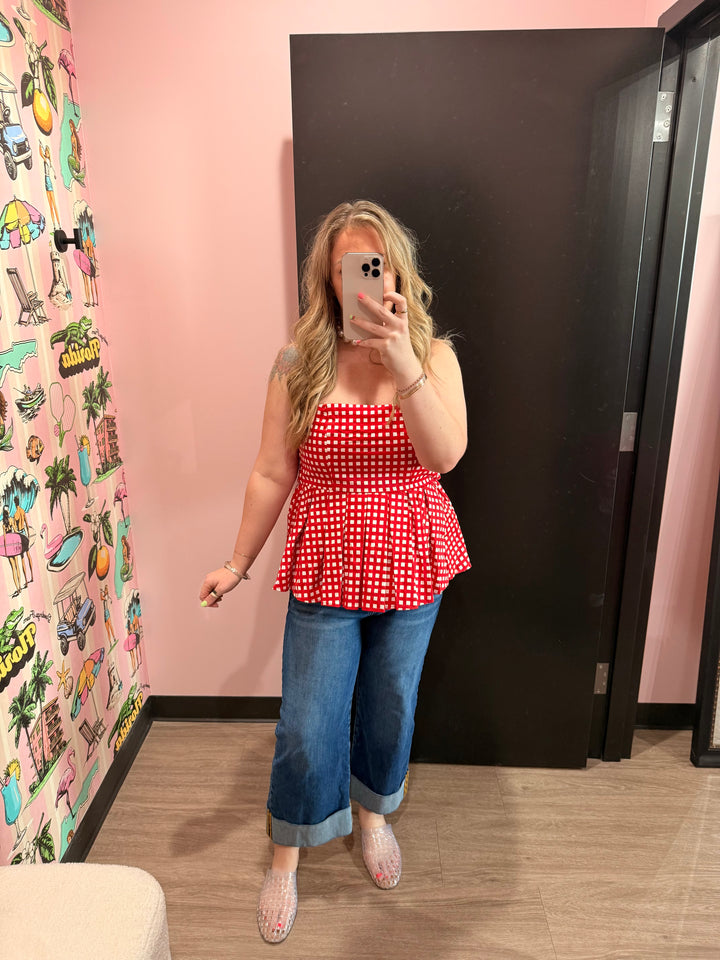Red Checkered Strapless Blouse