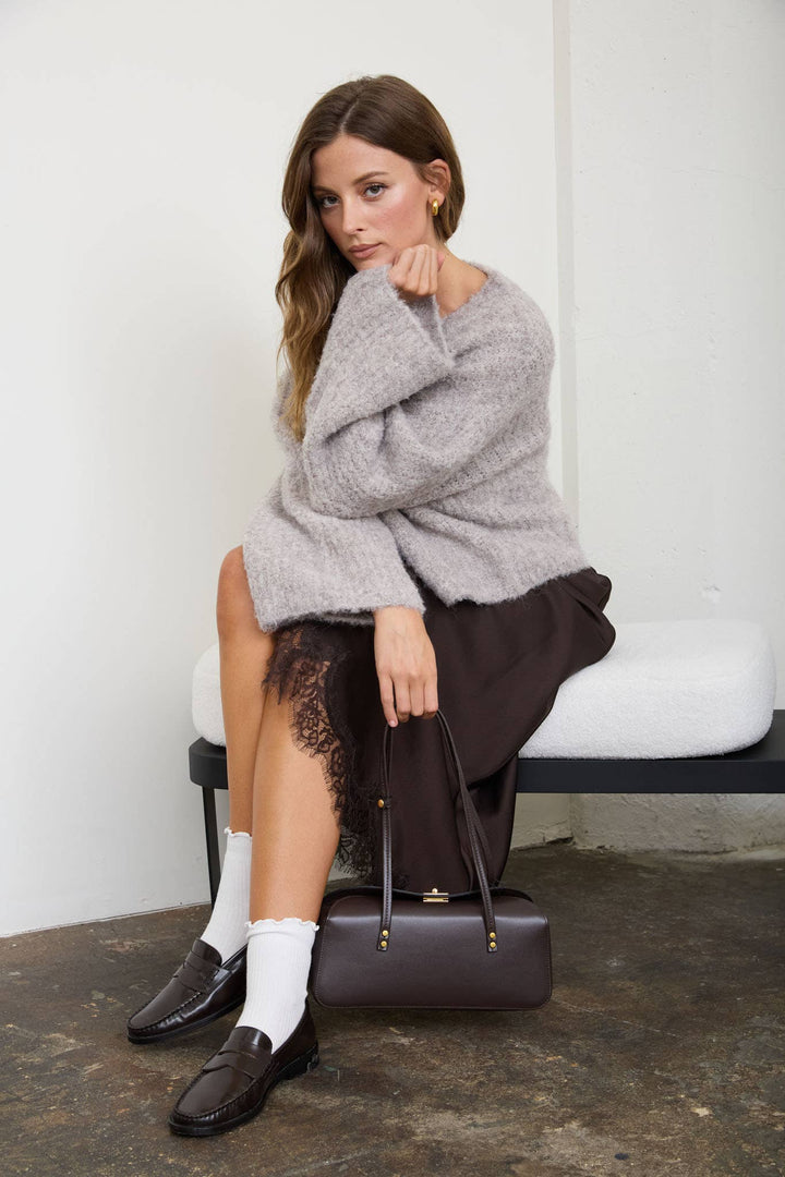 FUZZY KNIT BUTTON DOWN BOXY CARDIGAN SWEATER: CHOCOLATE BROWN