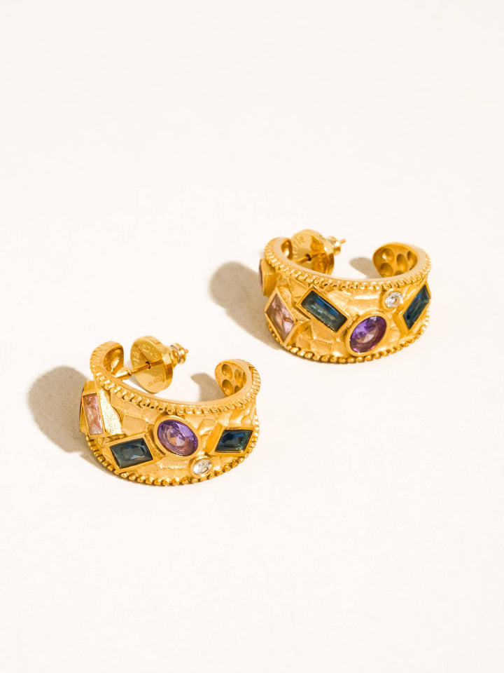 Delmare 18K Gold Non-Tarnish Vintage Gemstone Hoop Earrings