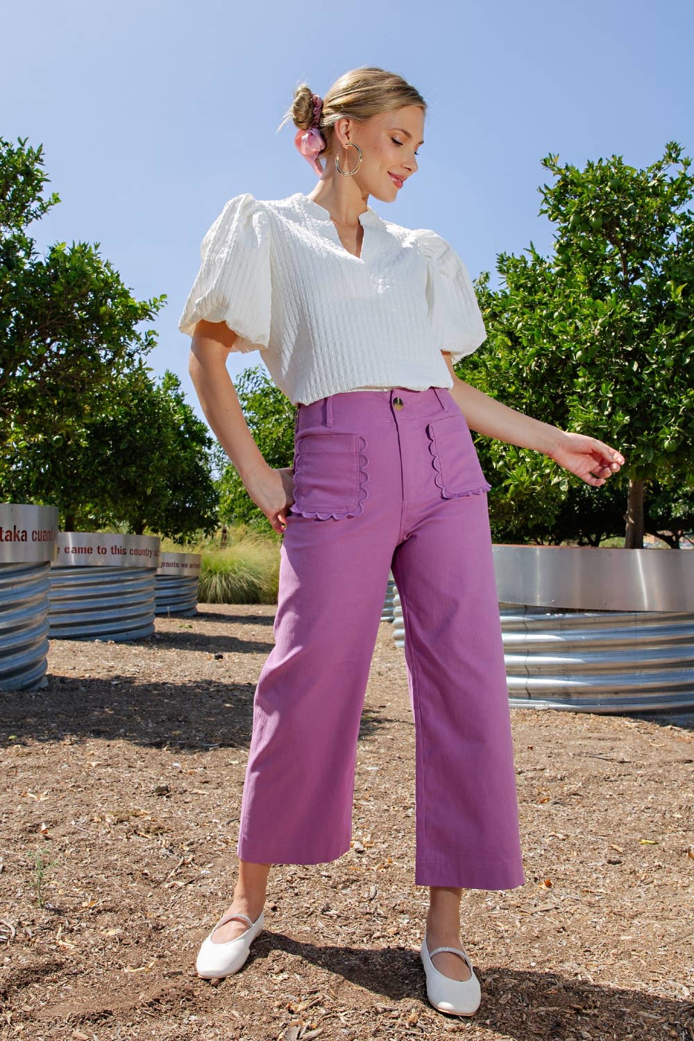 Lilac Cropped Wide-Leg Scallop Pocket Detail Pants