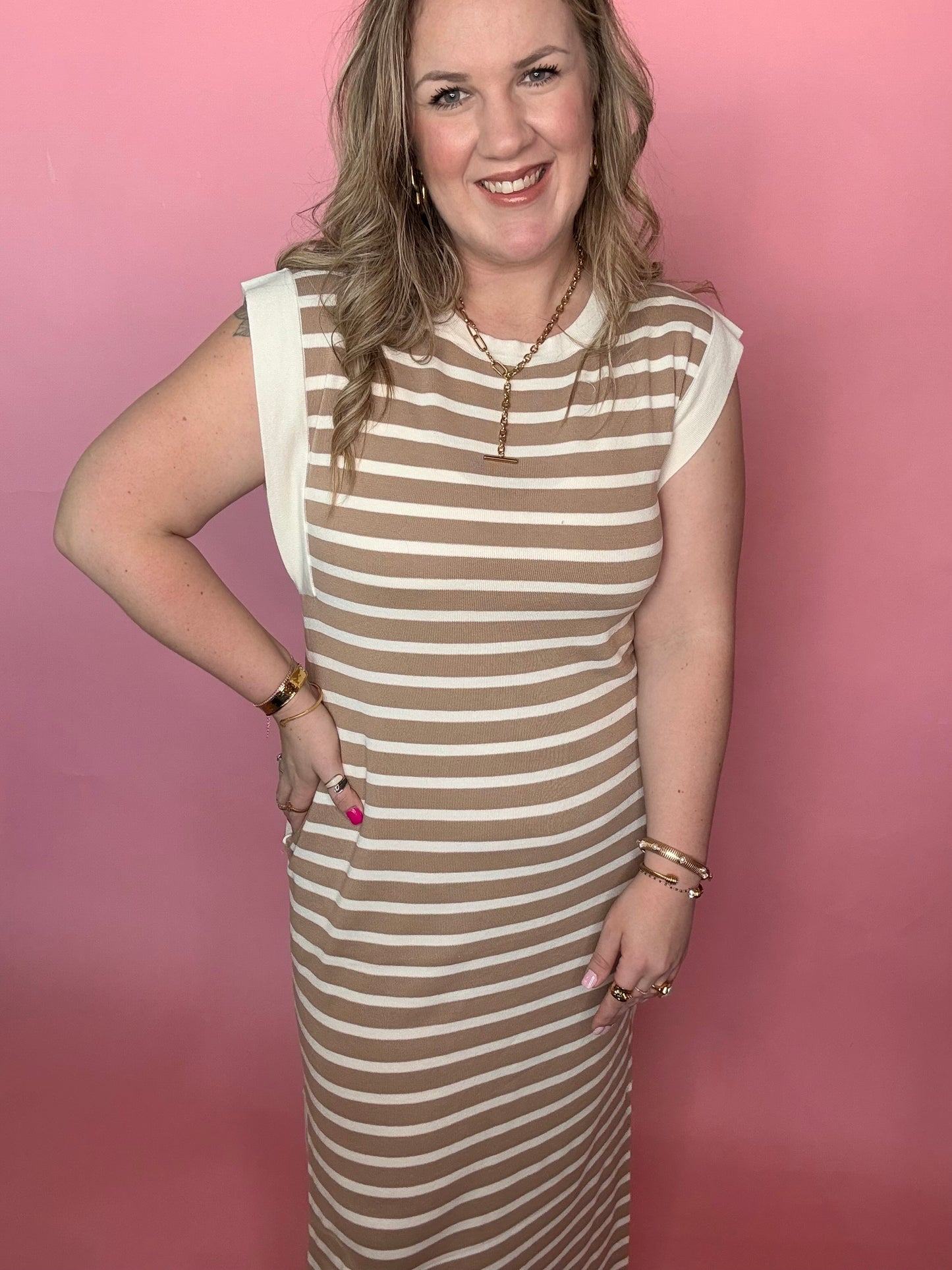 Taupe Stripe Midi Dress with Cream