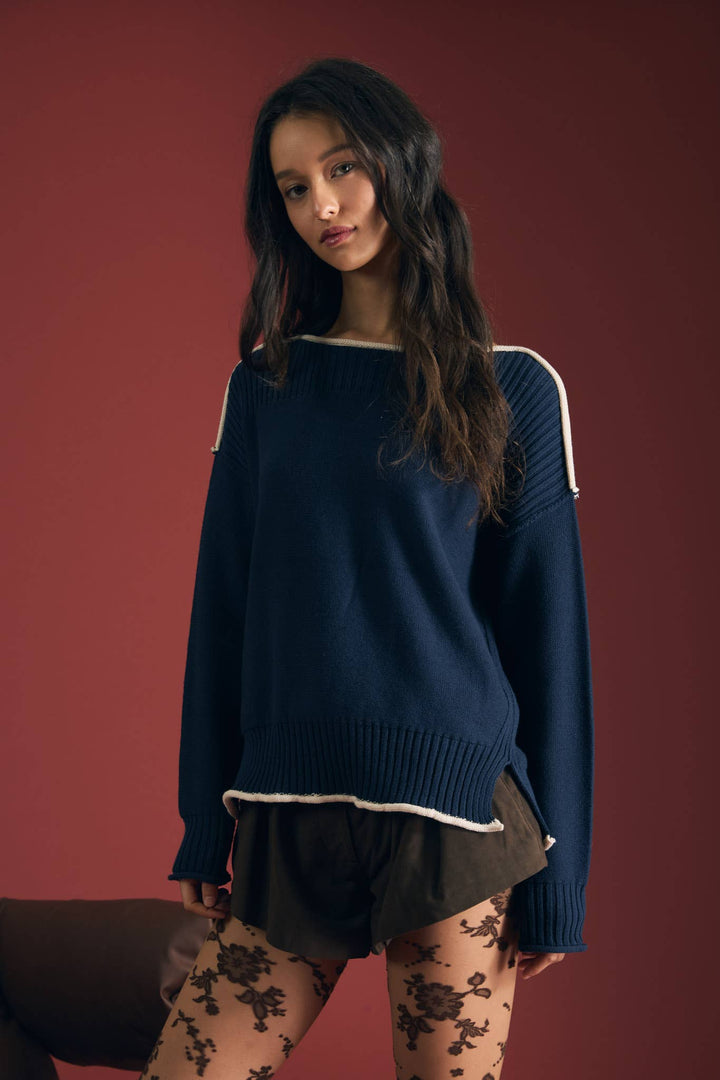 CONTRAST TRIM BOAT NECK RIBBED DETAIL KNIT SWEATER : NAVY