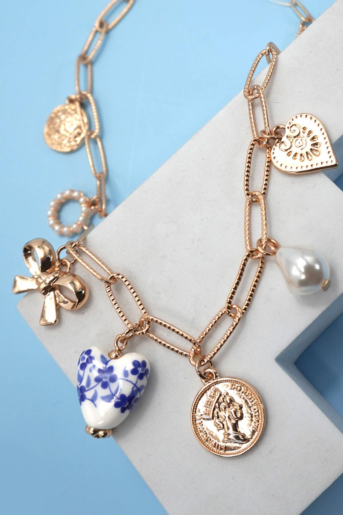 Blue Porcelain Heart & Bow Charm Necklace