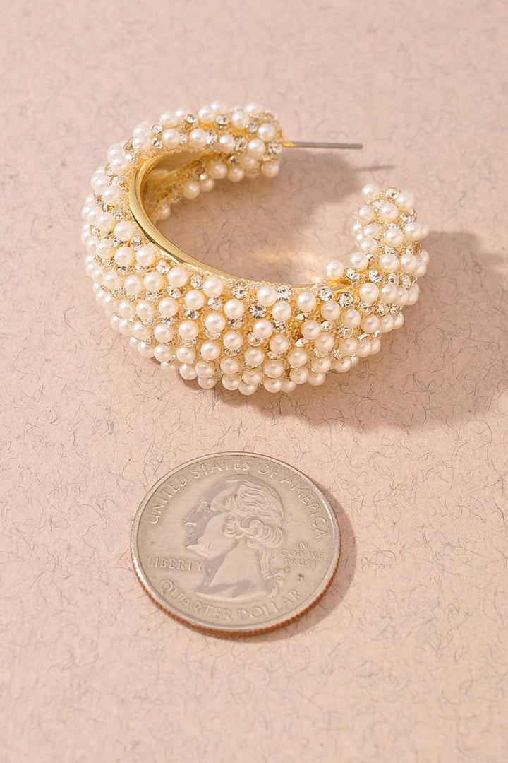 Pearl and Rhinestone Embellished Hoop Earrings