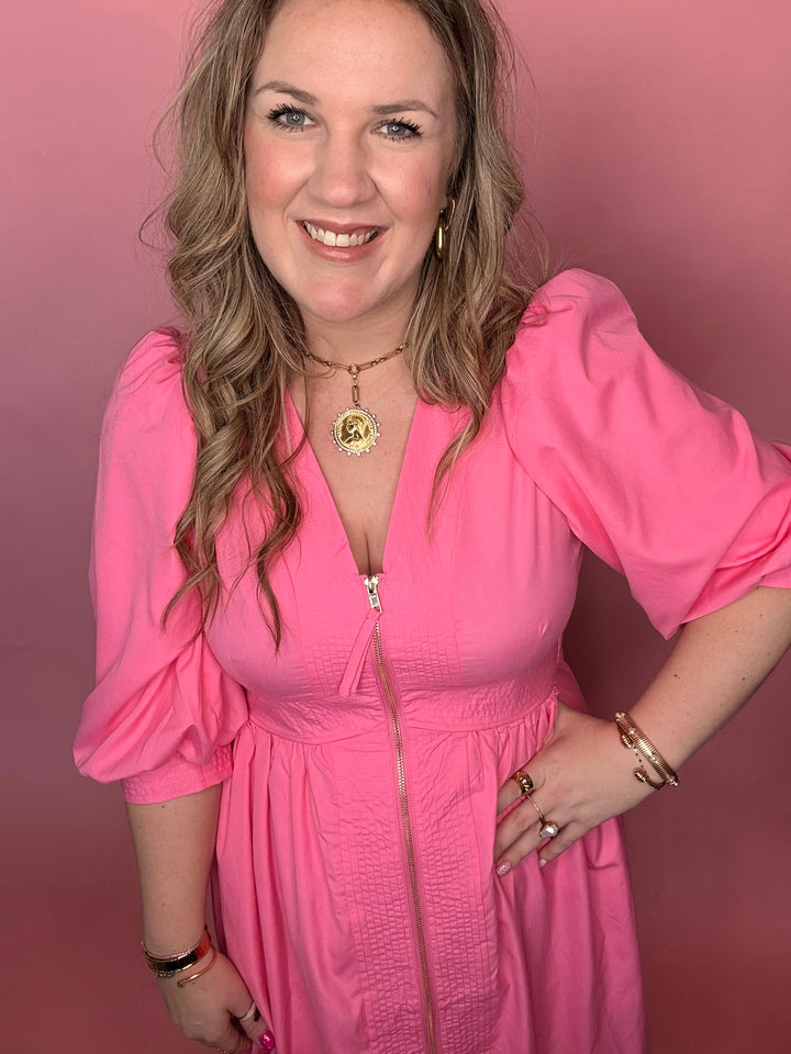 Pink Midi Dress w/Smock Waist