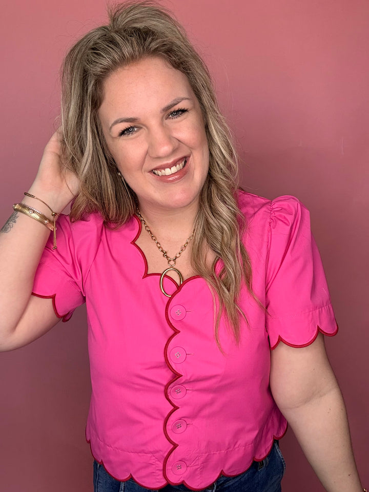 Pink Scallop Button w/Red Top
