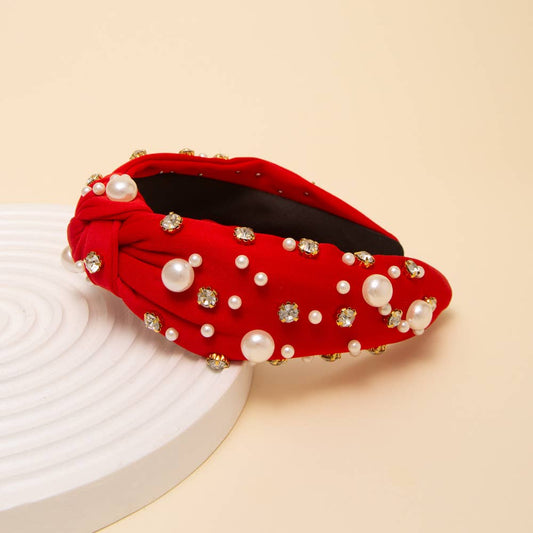 Rhinestone and Pearl Headband: Red
