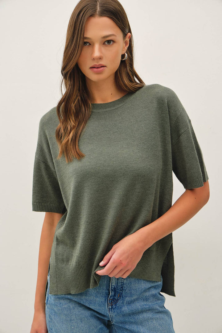 WOOL BLENED BOXY FIT SHORT SLEEVE SWEATER TOP : OATMEAL / L
