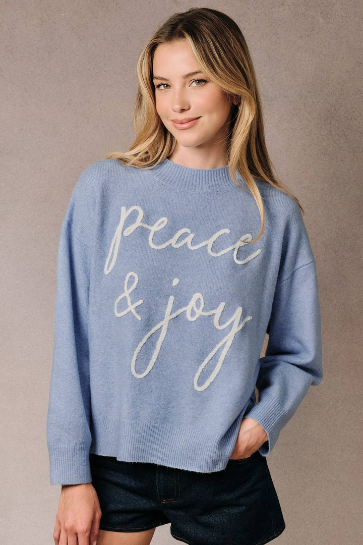 Mock Neck Long Sleeve Peace &amp; Joy Novelty Knit Sweater: Blue / L
