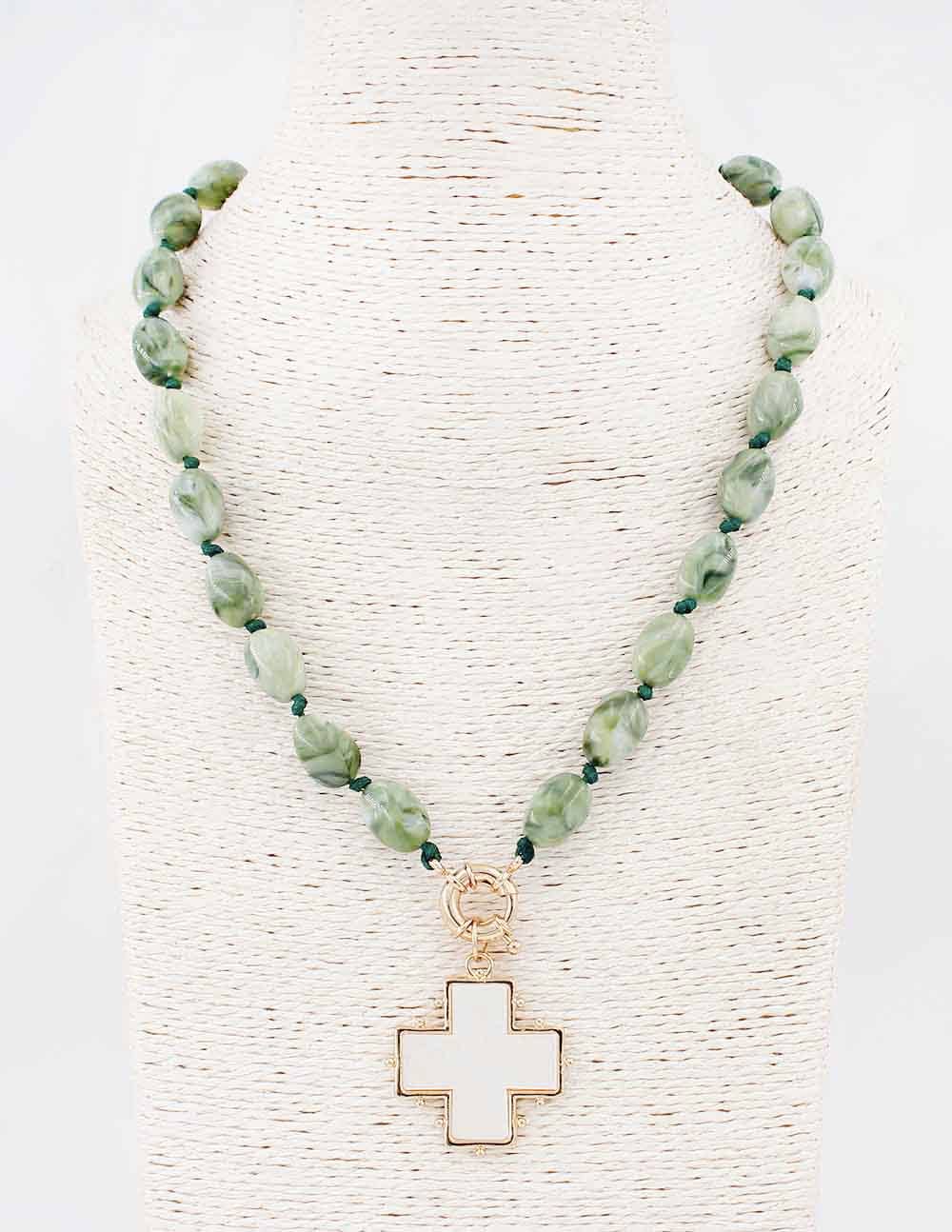 Olive Beaded with Pearlized White Cross Necklace