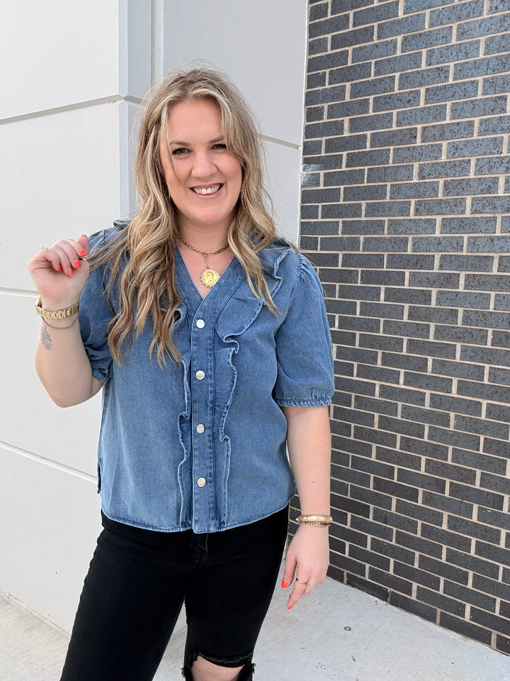 Ruffled Trim Denim Blouse