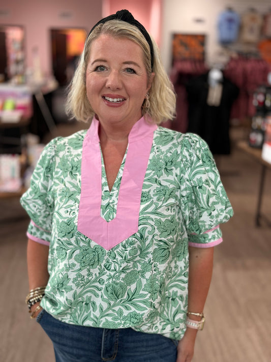 Green Floral w/ Pink Detail Top