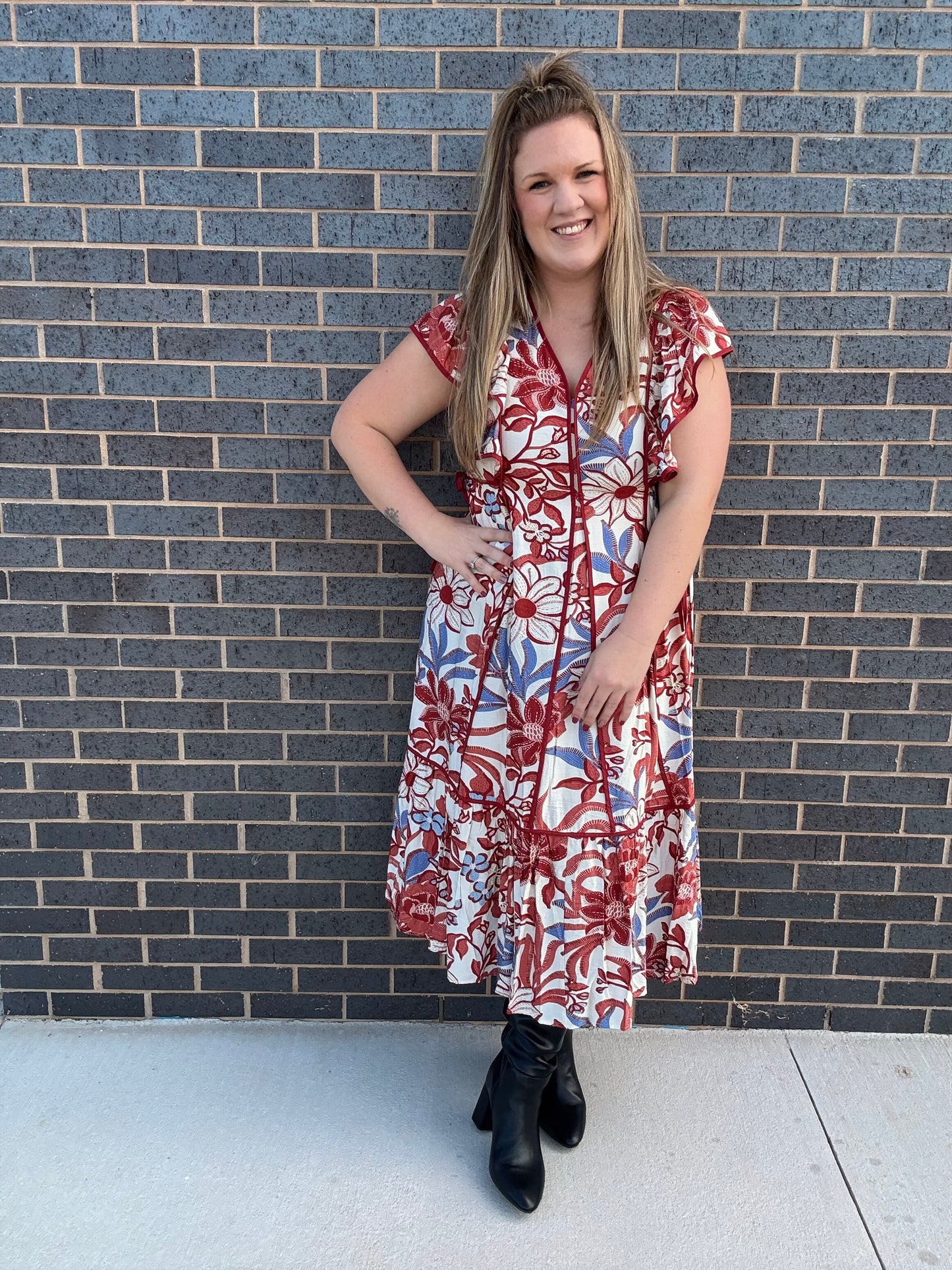 Red/Blue Long Midi Dress w/Ties