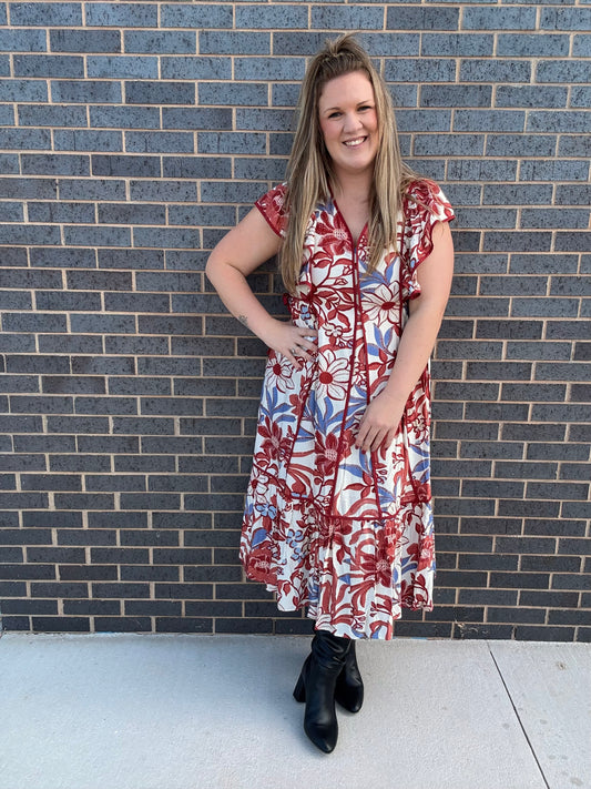 Red/Blue Long Midi Dress w/Ties
