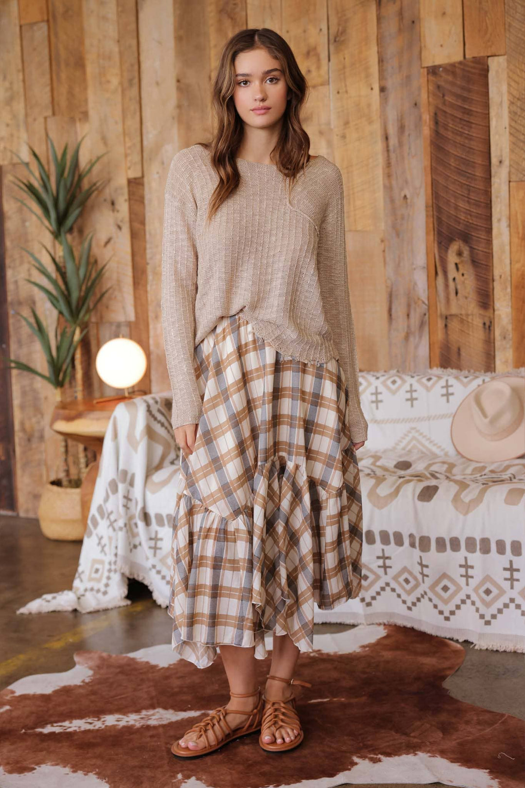 PLAID RUFFLE HANDKERCHIEF HEM MIDI SKIRT: GREEN MULTI