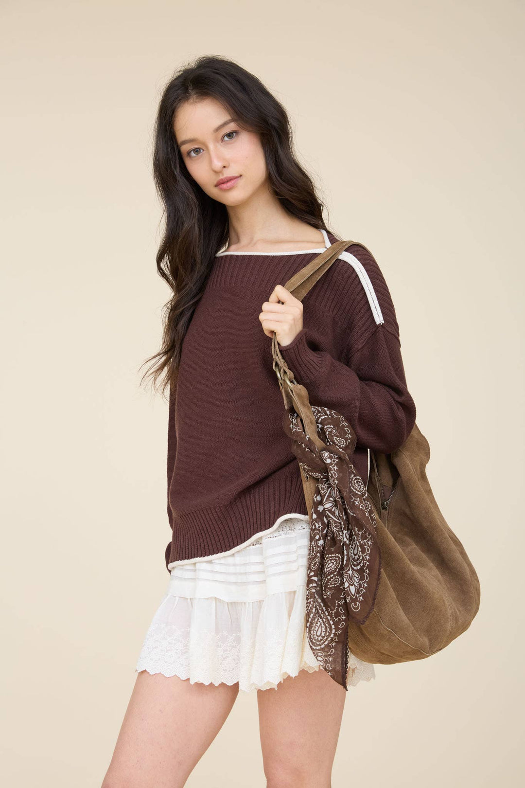 CONTRAST TRIM BOAT NECK RIBBED DETAIL KNIT SWEATER : NAVY