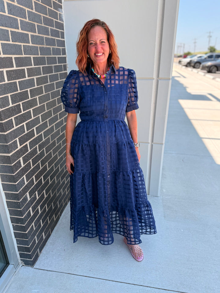 Navy Gridded Maxi Dress