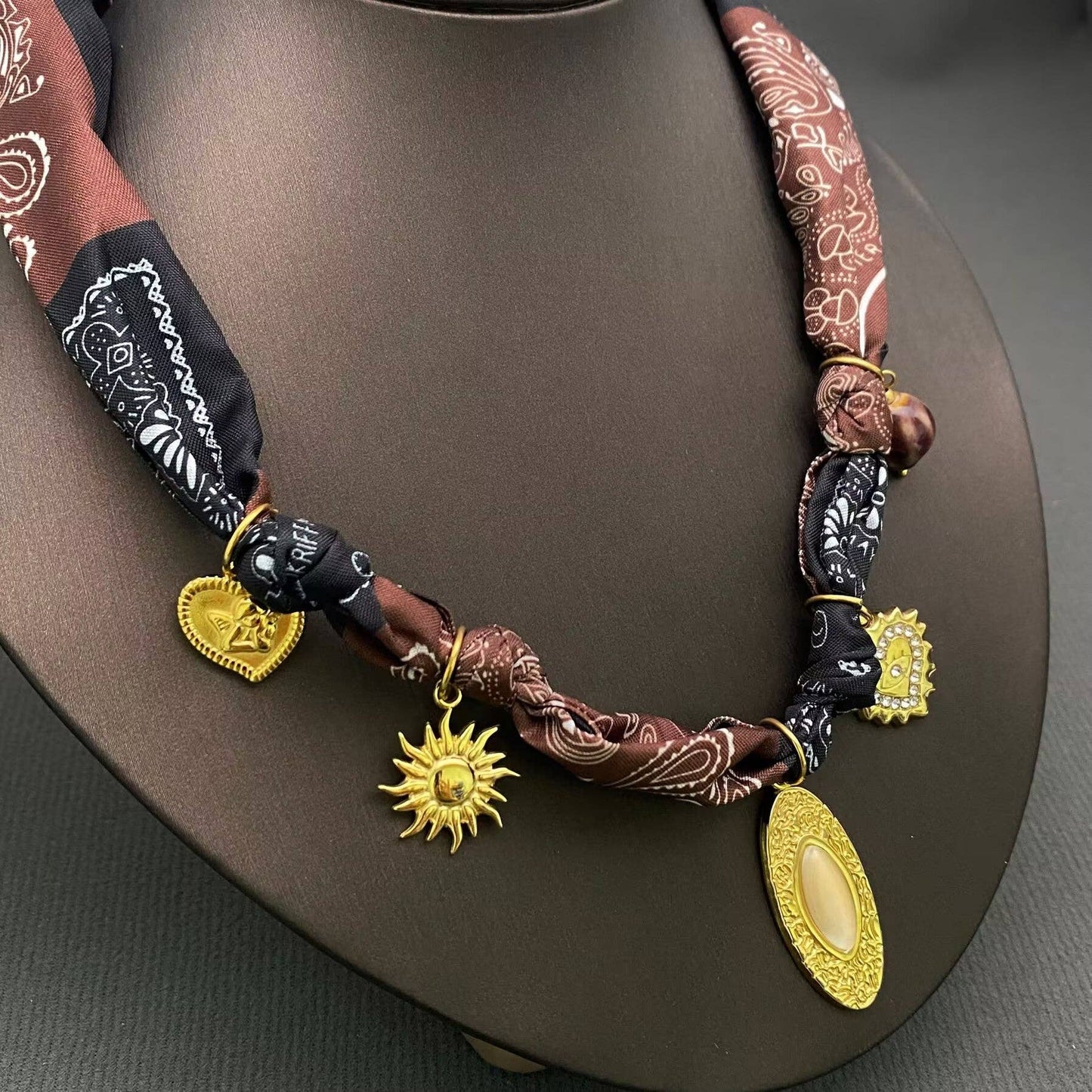 Black & Brown Charm Scarf Necklace