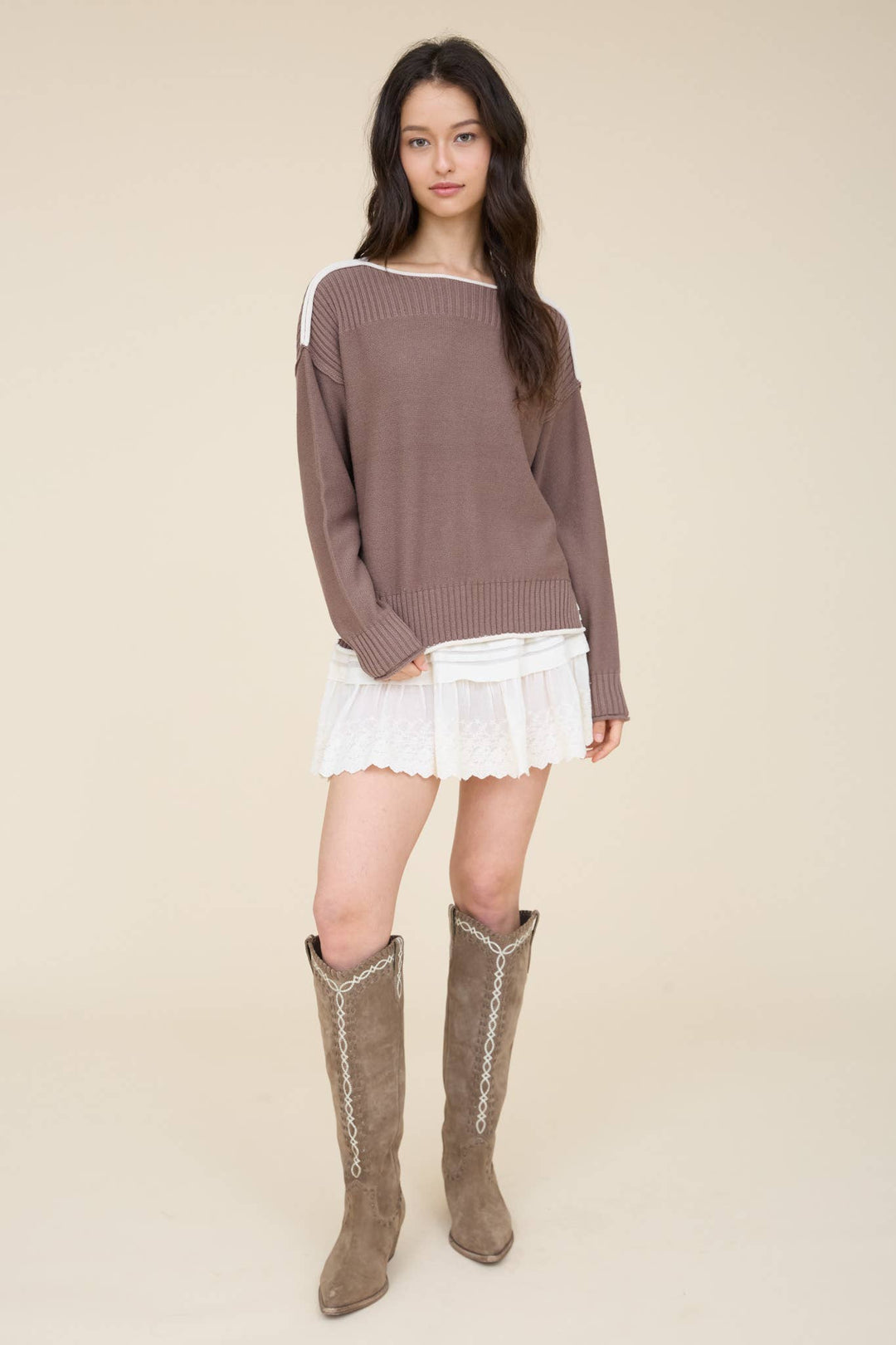 CONTRAST TRIM BOAT NECK RIBBED DETAIL KNIT SWEATER : NAVY