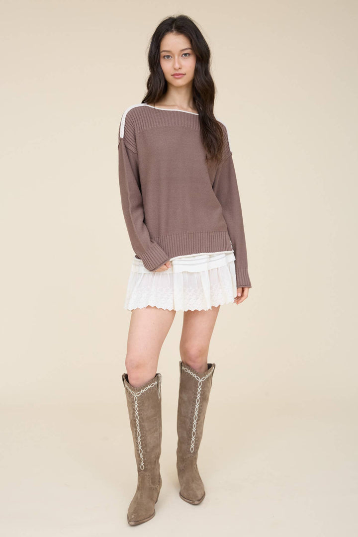 CONTRAST TRIM BOAT NECK RIBBED DETAIL KNIT SWEATER : NAVY