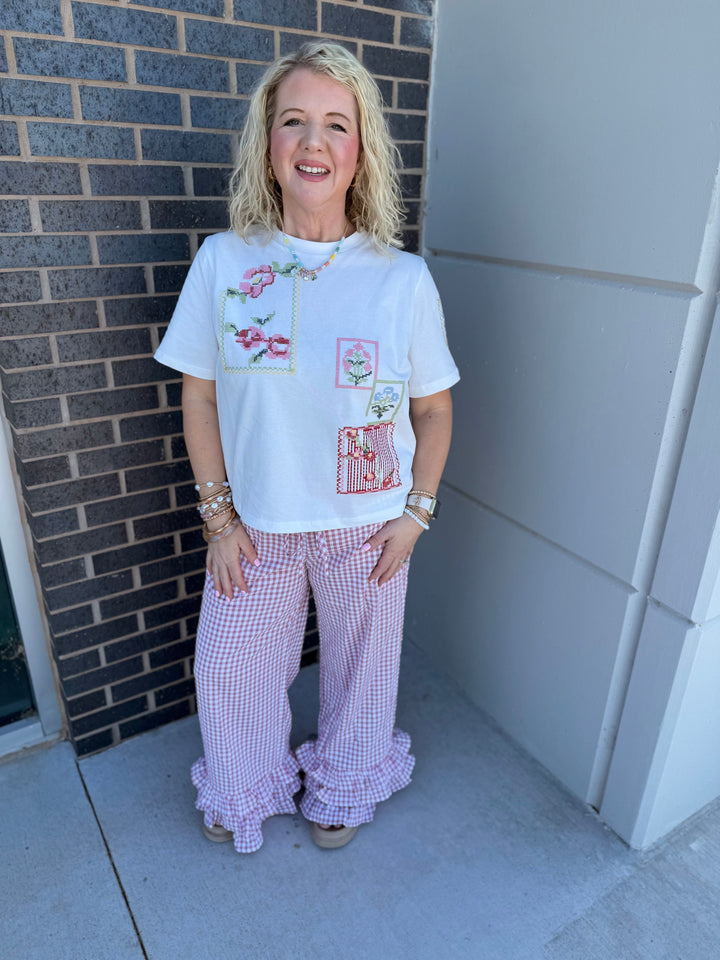Pink Gingham Ruffle Ankle Pants