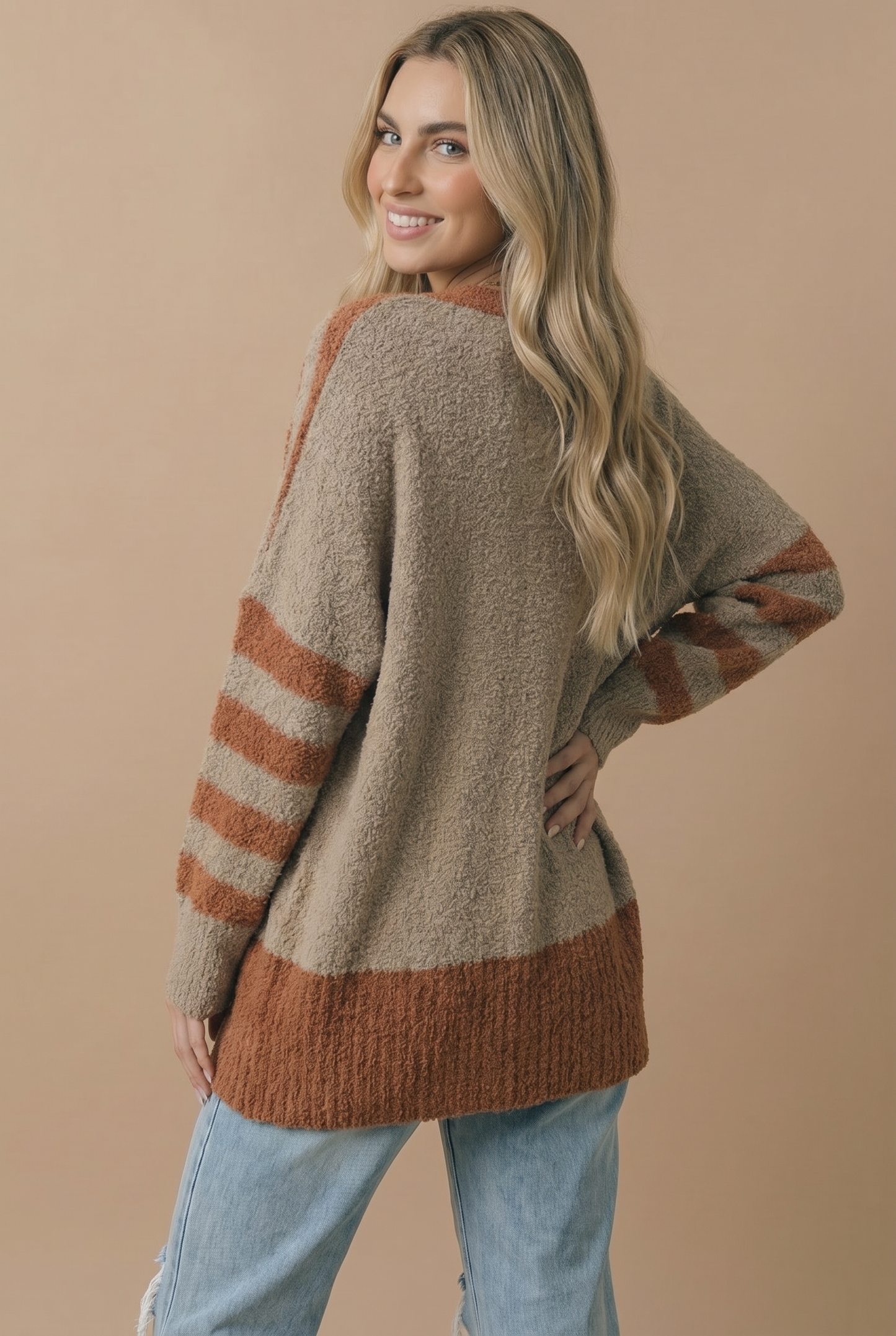 V Neck Stripe Popcorn Oversized Fit Cardigan: BROWN/SLATE BLUE / M