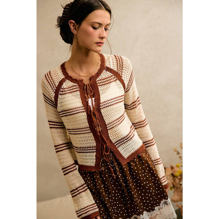 STRIPE OPEN KNIT TIE SWEATER TOP: BROWN / L