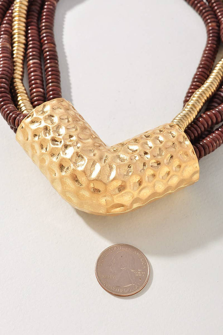 Dark Brown Metal Bead Pendant Multi Strand Necklace