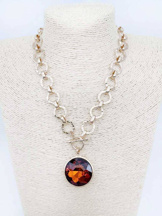 Gold Hammered Chain with Brown Crystal Necklace