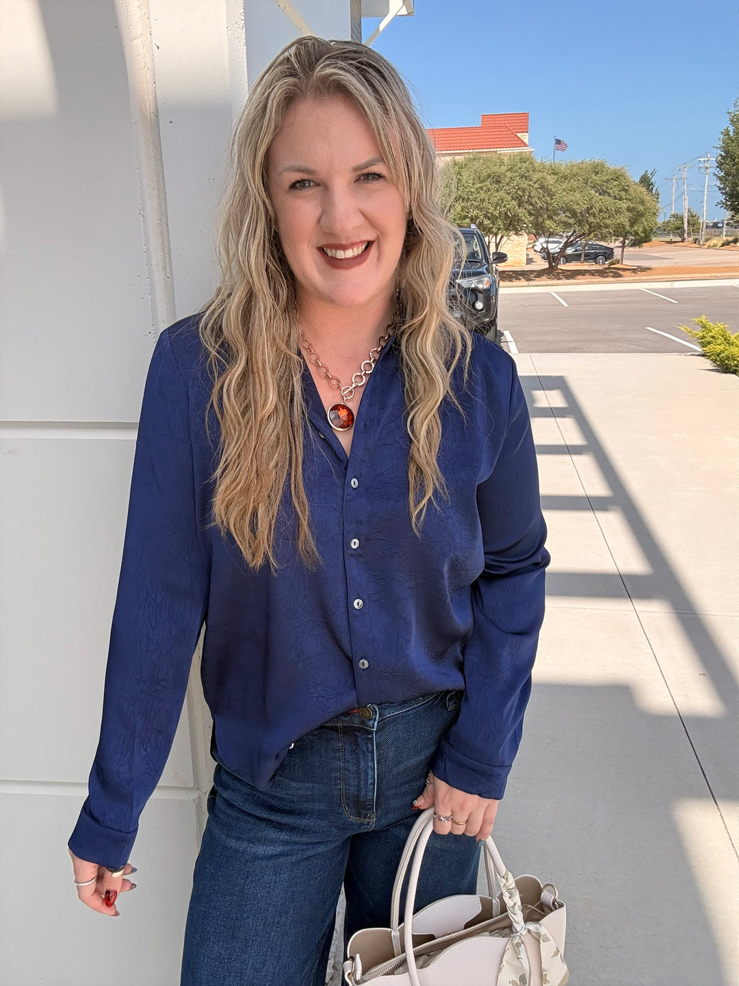 Navy Satin Button Down