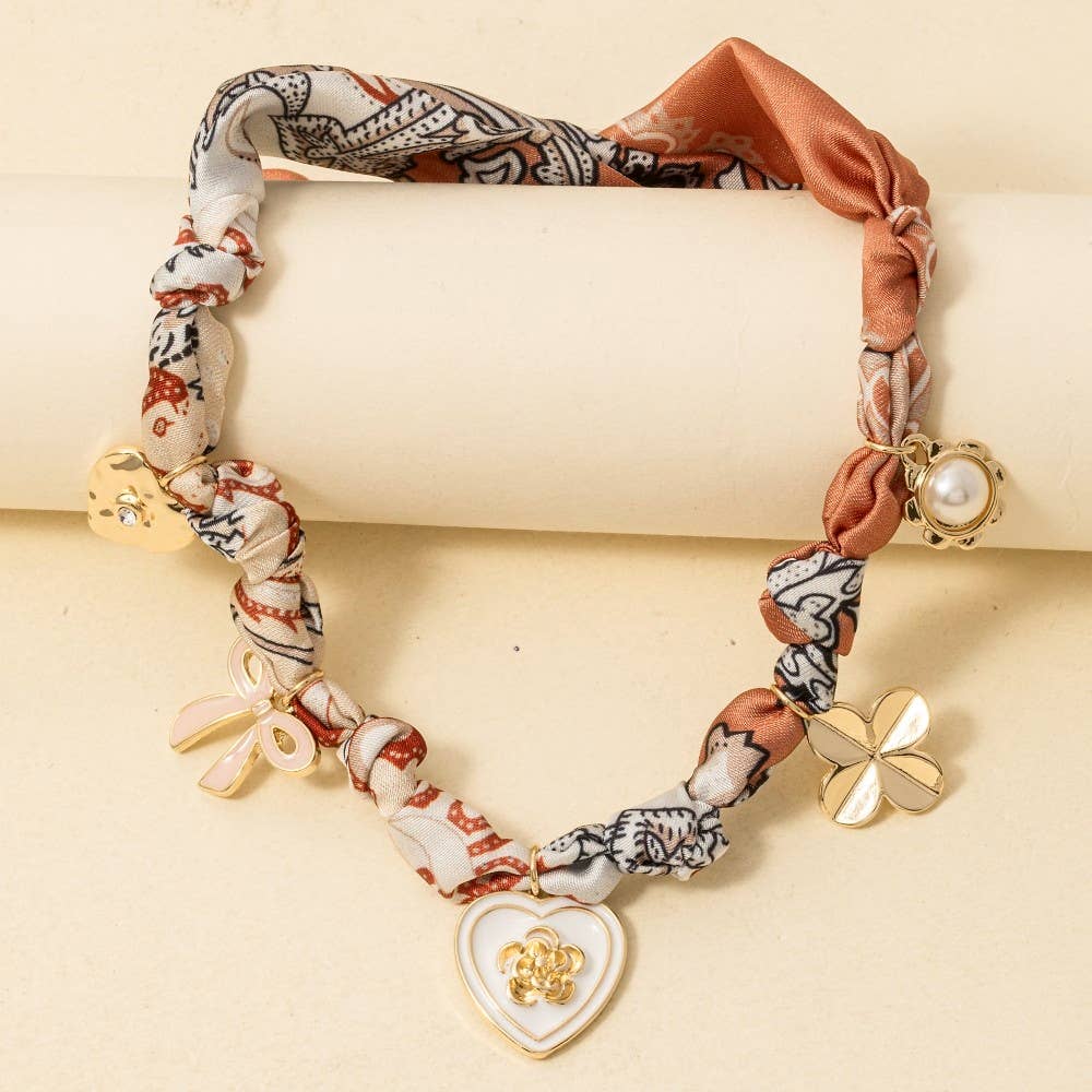 Heart & Ribbon Charms Bandana Knotted Necklace
