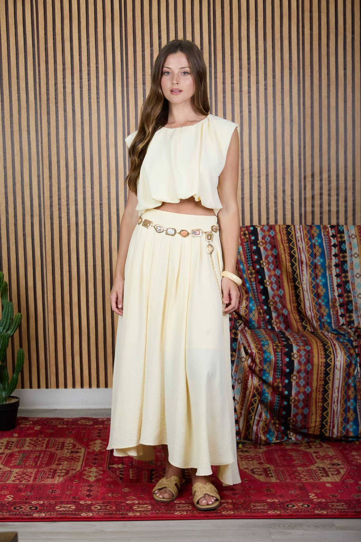 BOX PLEATED MIDI SKIRT: NATURAL