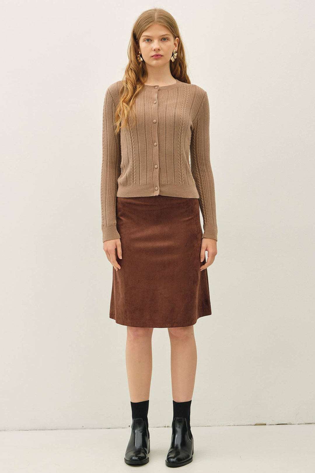 FAUX SUEDE  KNEE LENGTH A-LINE SKIRT: WINE / L