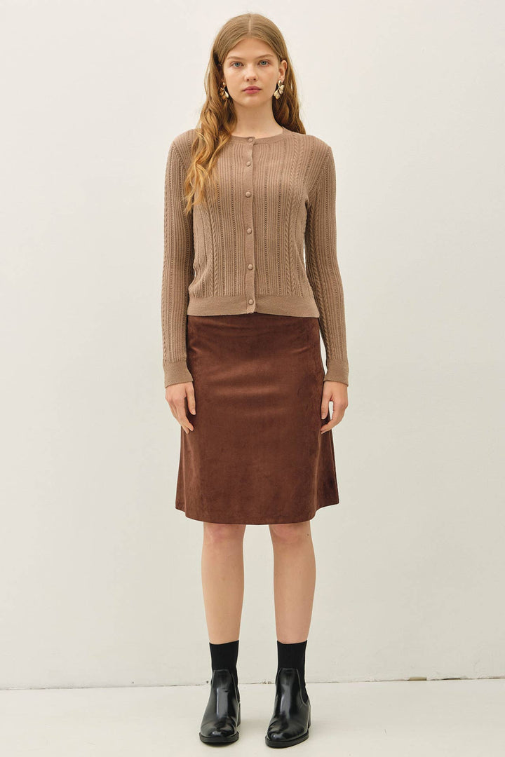 FAUX SUEDE  KNEE LENGTH A-LINE SKIRT: WINE / L