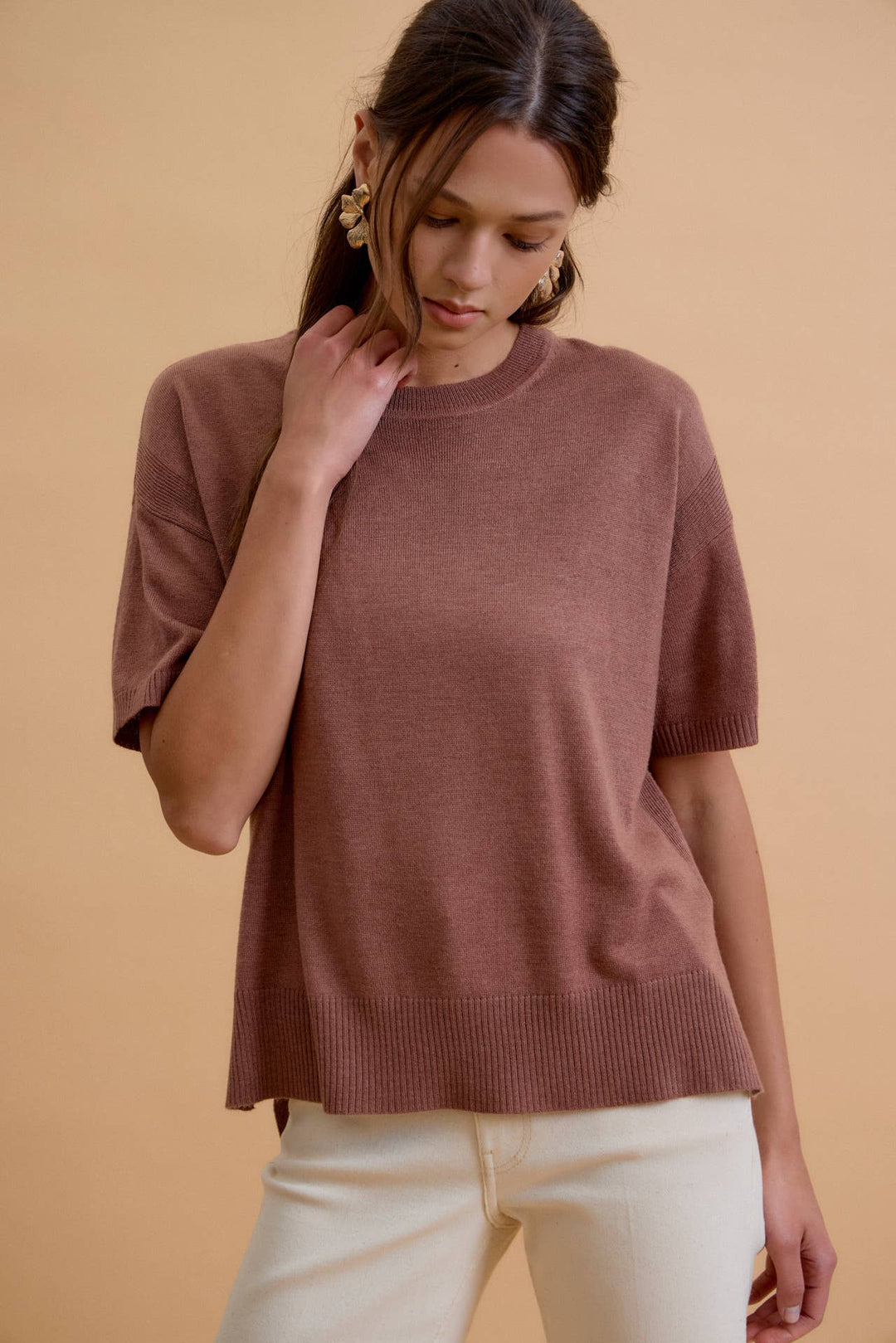 WOOL BLENED BOXY FIT SHORT SLEEVE SWEATER TOP : OATMEAL / L